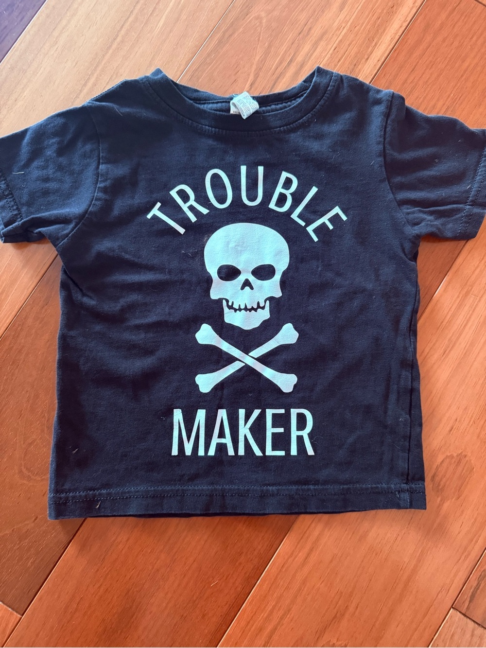 Rabbit Skins Black Tee with White Skull "Trouble Maker" Graphic